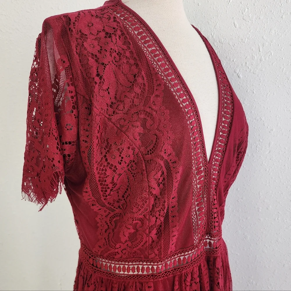 Burgundy Deep V Neck Short Sleeve Lace Maxi Holiday Dress Sz XL - Picture 3 of 7